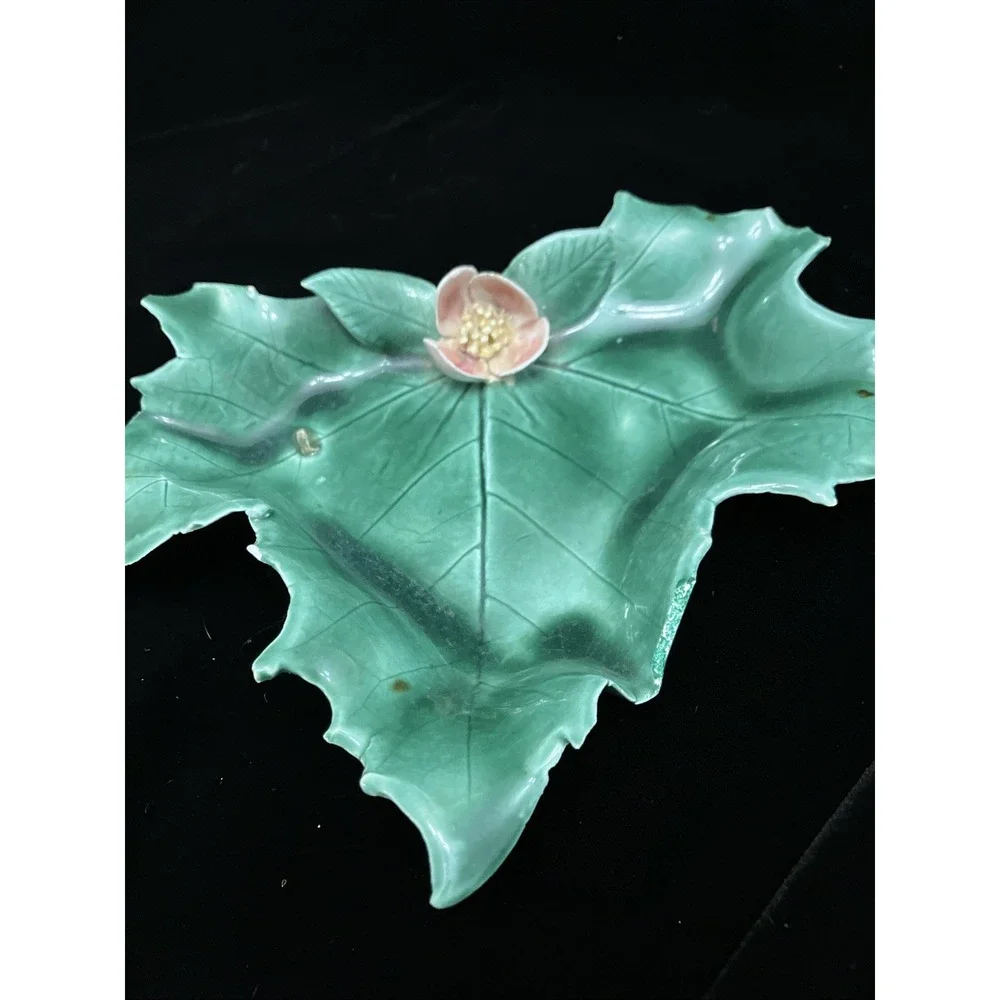 Floral Maple Leaf Ceramic Candy Trinket Dish Ashtray VTG MCM Green Pink Japan